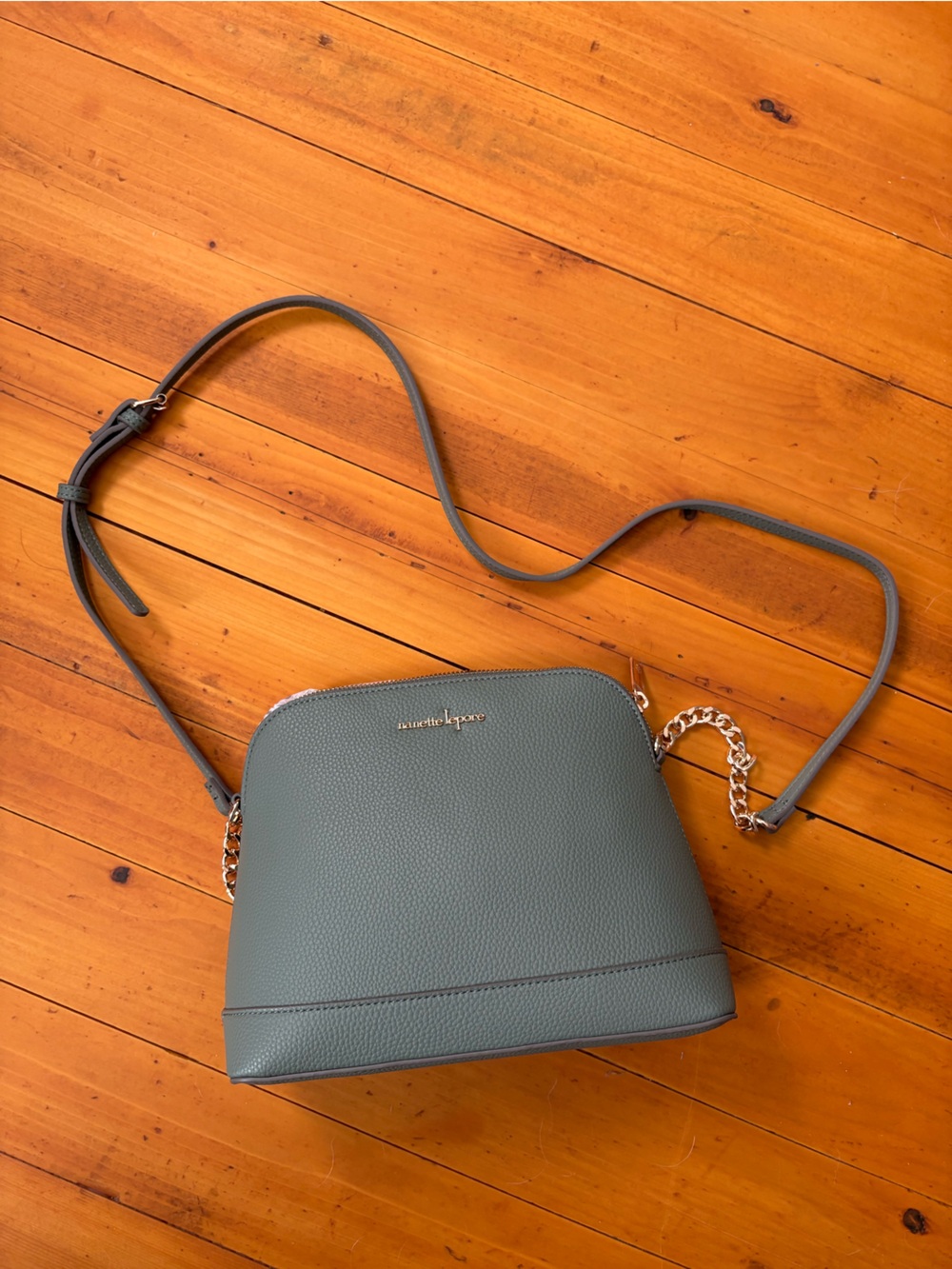 Nanette Lepore Sage Green Pebbled Leather Crossbody with Gold Chain Accent